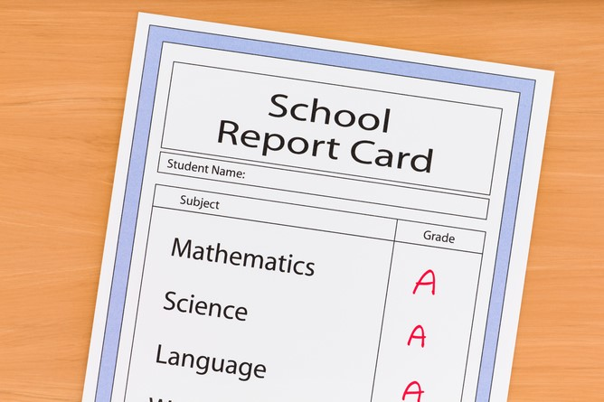 Picture of School Report Card showing Math, Science, and Language